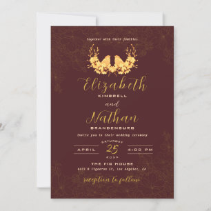 Invitation Élégant Oiseaux d'or bordeaux foncé Mariage floral
