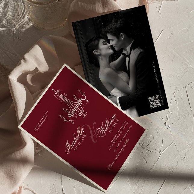 Invitation Elegant Old Money Deep Burgundy QR Code Wedding (Créateur téléchargé)