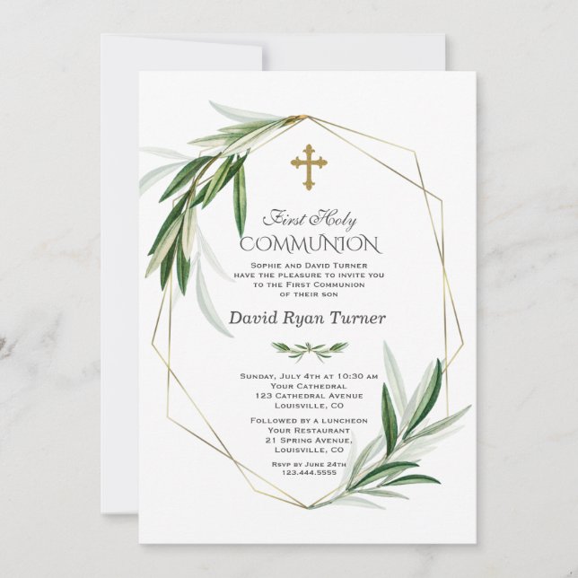 Invitation Élégant Olive Feuille Gold Boy First Holy Communio (Devant)