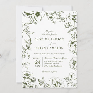 Invitation Elegant Olive Green Floral Garden Wedding Photo