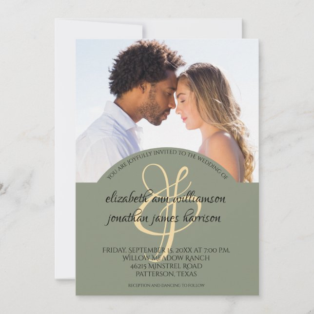 Invitation Élégant Olive Green Script 2 Mariage photo (Devant)