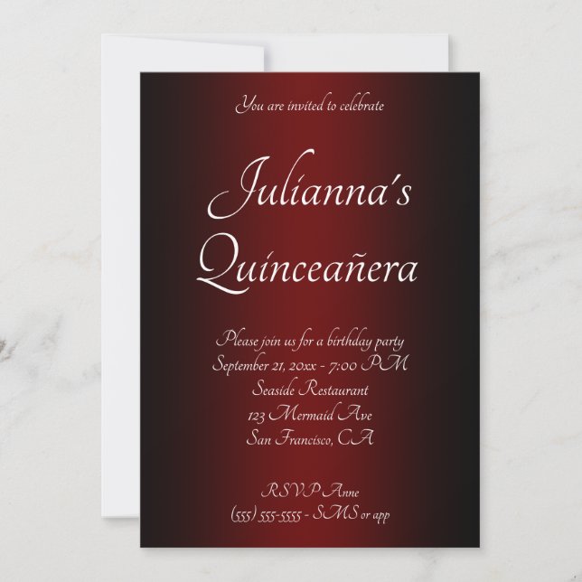 Invitation Elégant Ombre Quinceañera noir et bordeaux (Devant)