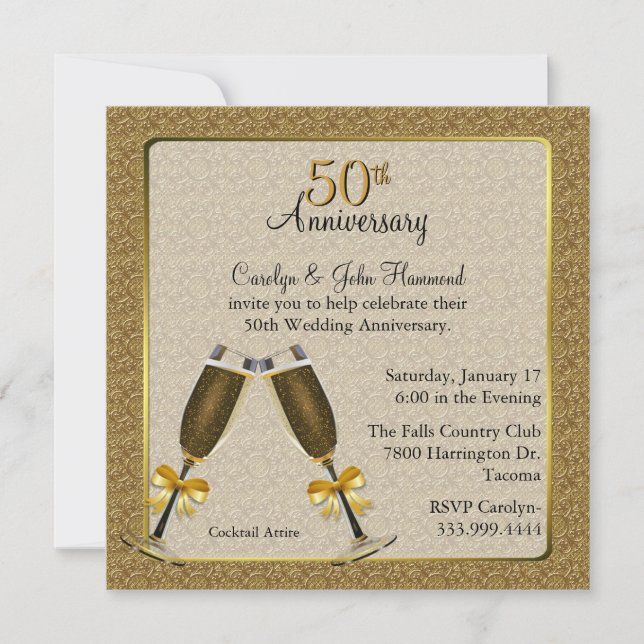 Invitation Élégant Or 50ème Anniversaire de Mariage (Devant)