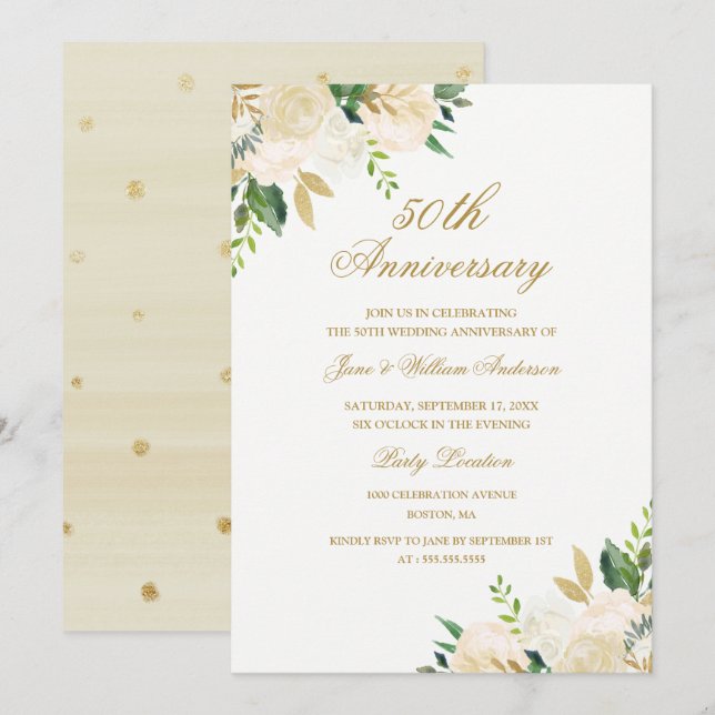 Invitation Elégant or aquarelle Floral Anniversaire (Devant / Derrière)