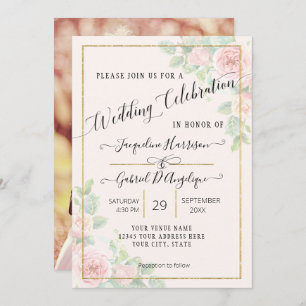 Invitation Elégant or Aquarelle Floral Script Mariage Invi