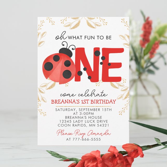 Invitation Elégant or aquarelle Ladybug 1er anniversaire fête (Oh What Fun to Be One Gold Glitter on White with Red and Black Accents 1st Birthday Invitation)