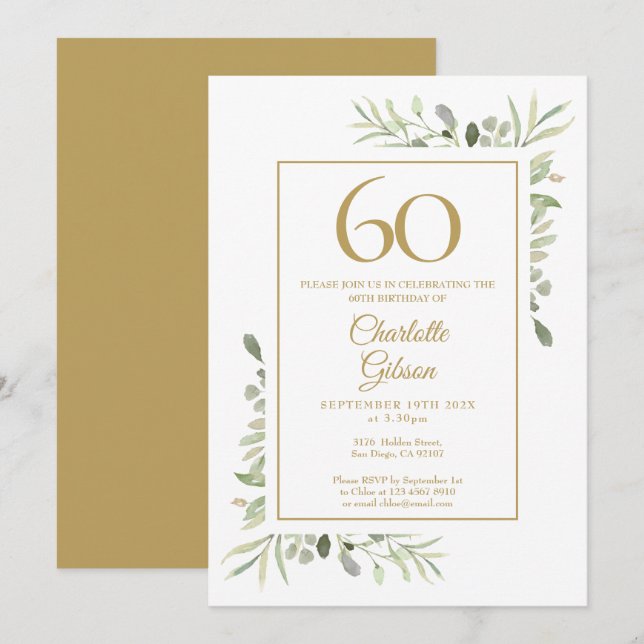 Invitation Elégant or Aquarelle Verdure 60e anniversaire (Devant / Derrière)