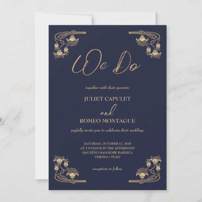 Invitation Elégant or Art Déco sur bleu nous faisons mariage (Devant)