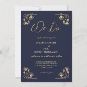Invitation Elégant or Art Déco sur bleu nous faisons mariage