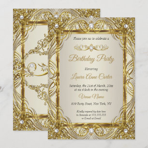 Invitation Élégant or beige crème perle damassé pour soirée