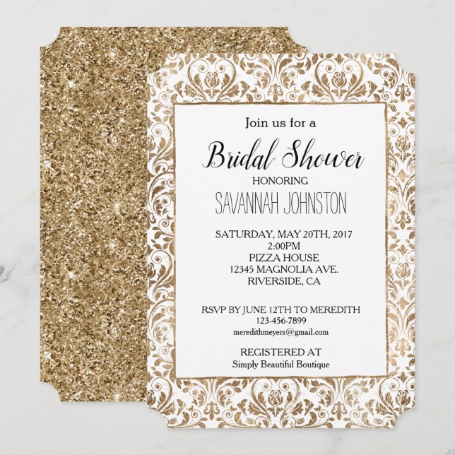 Invitation Elégant or blanc Chic Damask (Devant / Derrière)