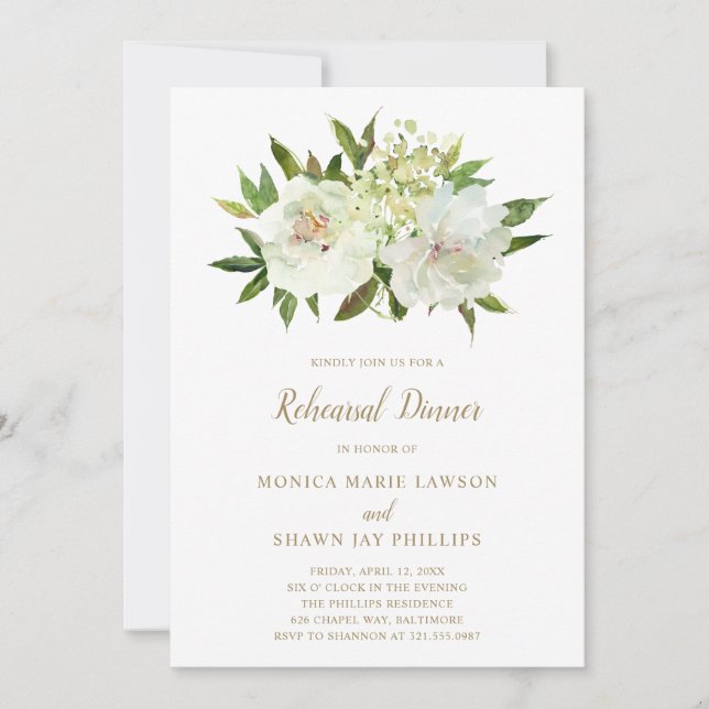 Invitation Élégant or blanc Floral Mariage Dîner de répétitio (Devant)
