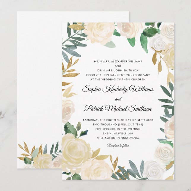 Invitation Élégant or blanc floral | tous les parents (Devant / Derrière)