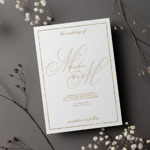 Invitation Élégant or blanc monogramme initiales mariage