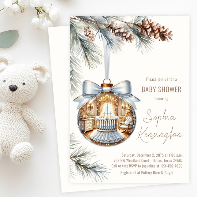 Invitation Elégant or blanc ornement Baby shower de Noël (Tree ornament baby shower invitation with glass ornament with beautiful white and gold nursery scene)