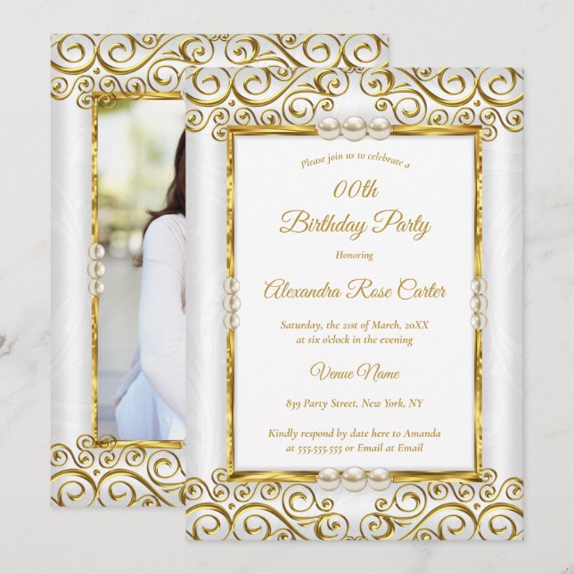 Invitation Elégant or blanc perle photo fête d'anniversaire (Devant / Derrière)