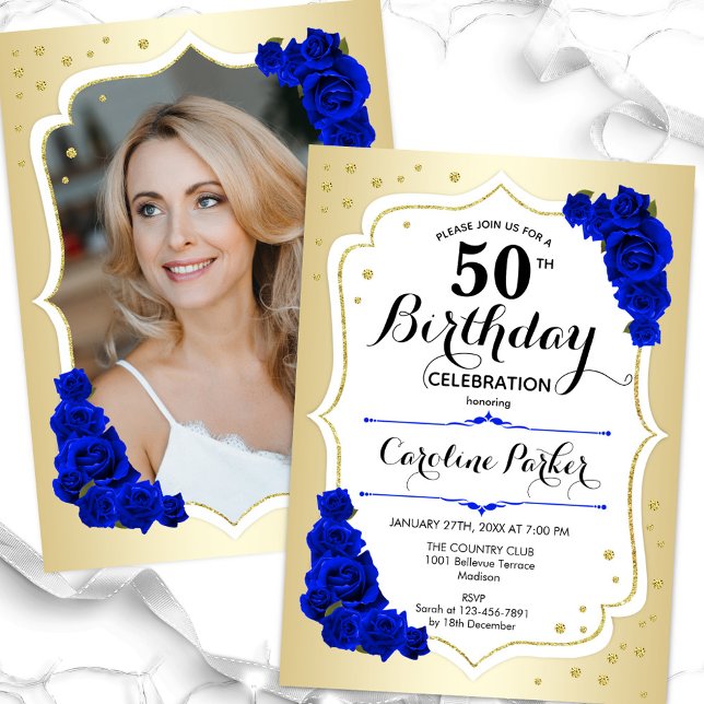 Invitation Elégant or blanc Royal Bleu photo 50e anniversaire (Créateur téléchargé)