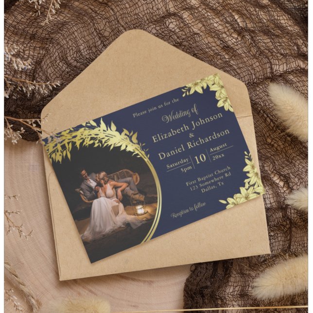 Invitation Elégant Or, Bleu Avec Lys Mariage Photo (Créateur téléchargé)