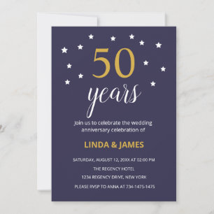 Invitation Élégant Or Bleu Marine 50e Anniversaire de Mariage