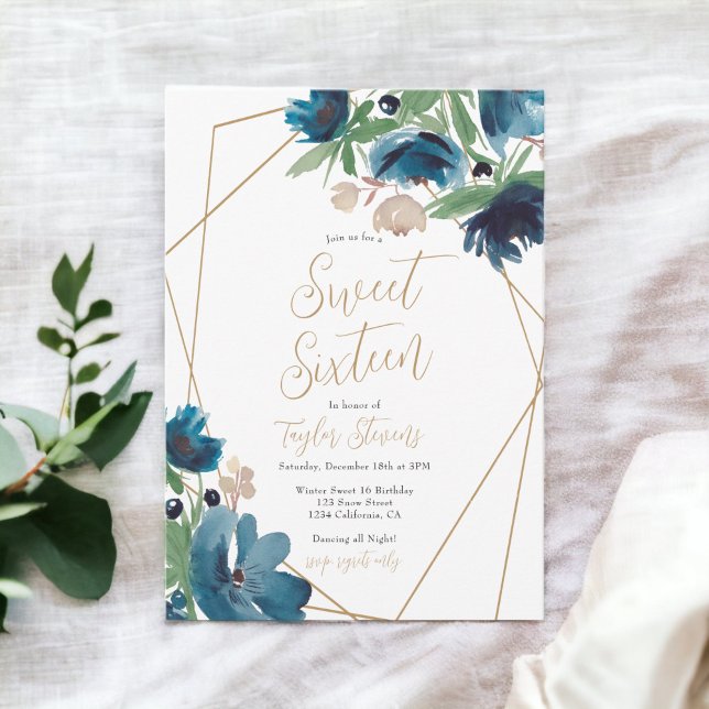 Invitation Elégant or bleu poussiéreux Floral Aquarelle Sweet (Elegant dusty blue gold Floral Watercolor Sweet 16 Invitation)