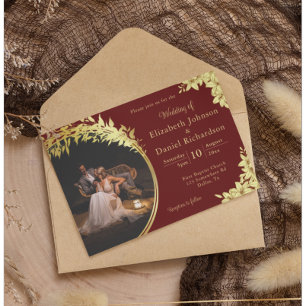 Invitation Elégant Or, Bourgogne Avec Lilies Mariage Photo