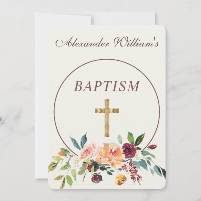 Invitation Elégant or Bourgogne Floral Baby Christening (Devant)