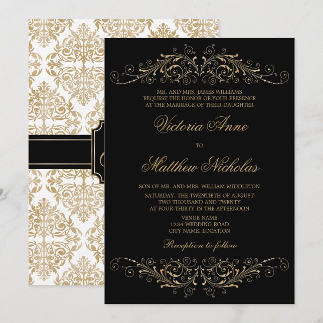 Invitation Elégant or couleur fleurit et Damask (Devant / Derrière)