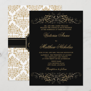 Invitation Elégant or couleur fleurit et Damask