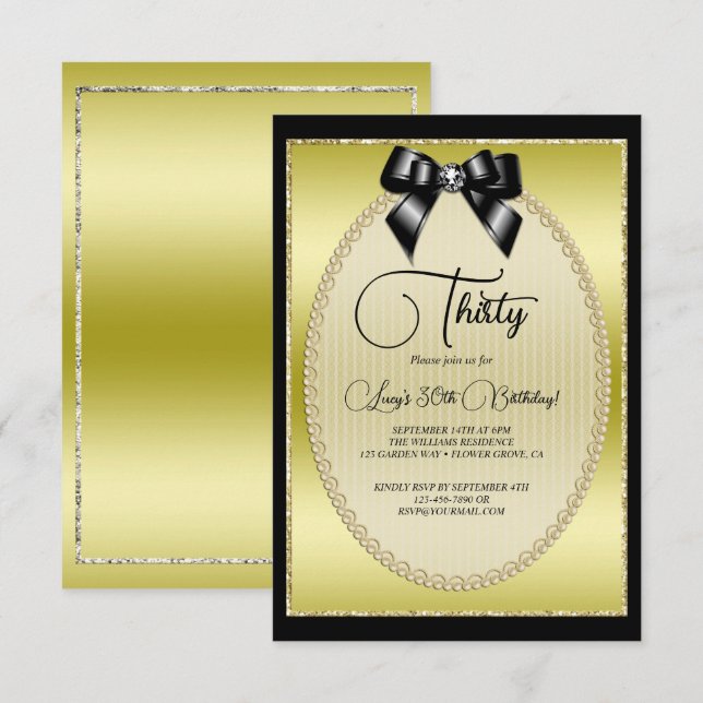 Invitation Elégant or, et Black Jewel Bow Anniversaire (Devant / Derrière)