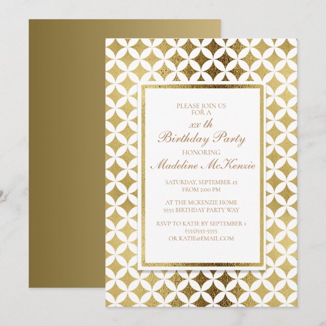 Invitation Elégant or et blanc Anniversaire de fête Invitatio (Devant / Derrière)
