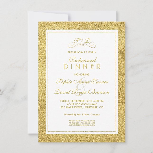 Invitation Elégant or et blanc bordure REHEARSAL DÎNER (Devant)