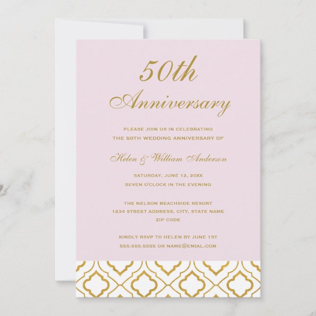 Invitation Élégant Or et Rose 50e Anniversaire de Mariage (Devant)