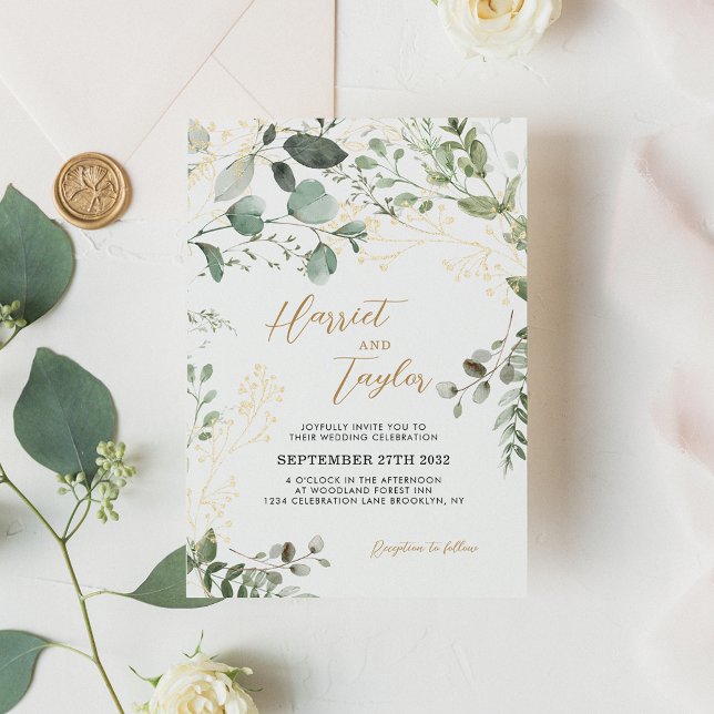 Invitation Elégant or et verdure Eucalyptus Mariage (Créateur téléchargé)