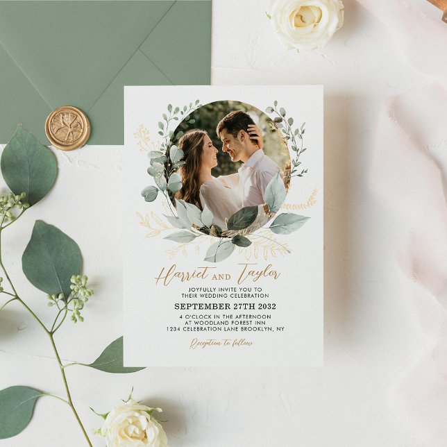 Invitation Elégant or et verdure Eucalyptus Mariage photo (Créateur téléchargé)