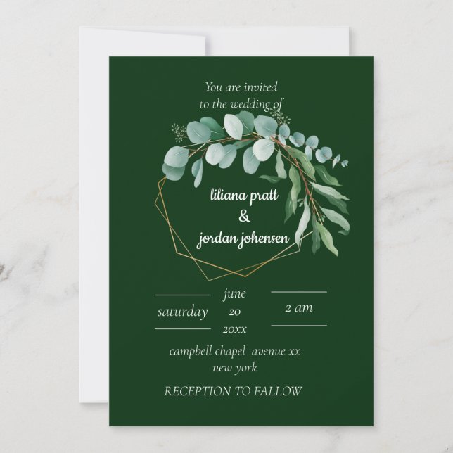 Invitation Elégant or et vert émeraude mariage Eucalyptus (Devant)