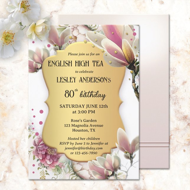 Invitation Elégant or Floral Anglais High Tea Anniversaire (Créateur téléchargé)