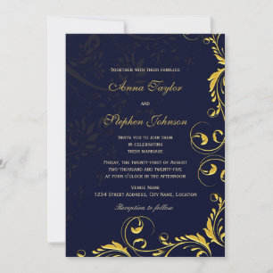 Invitation Elégant or Floral Botanical Swirls Navy