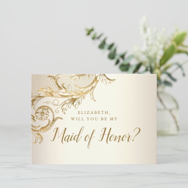 Invitation Elégant or floral Damask Script Maid of Honor (Debout devant)