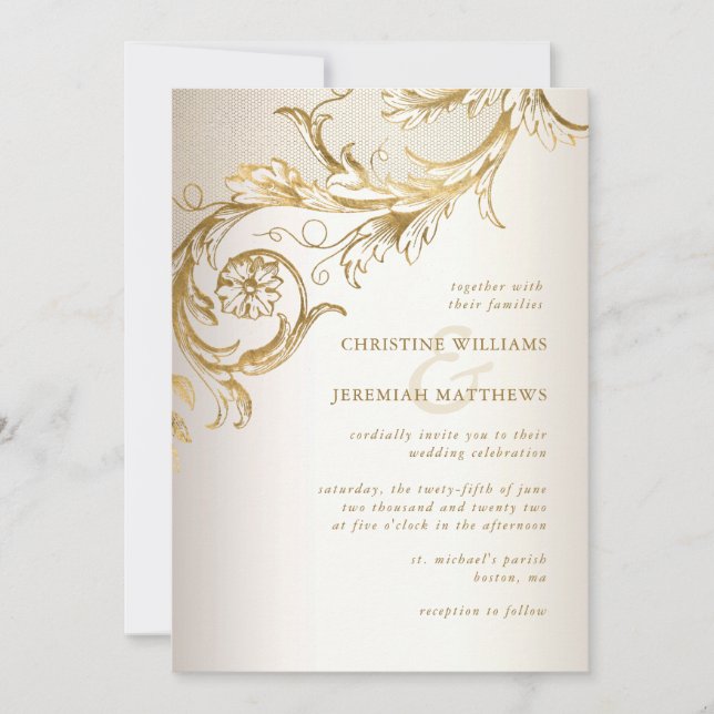 Invitation Elégant or Floral Damask Shiny Champagne Mariage (Devant)