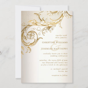 Invitation Elégant or Floral Damask Shiny Champagne Mariage