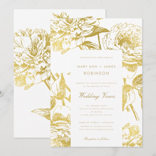 Invitation Elégant or Floral Mariage Vow Renouvellement (Devant / Derrière)