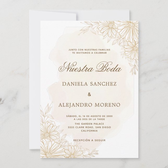 Invitation Élégant or Floral Nuestra Boda Mariage espagnol (Devant)
