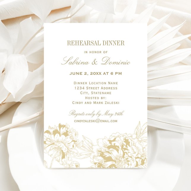 Invitation Élégant or Floral Peony Mariage Dîner de répétitio (Créateur téléchargé)