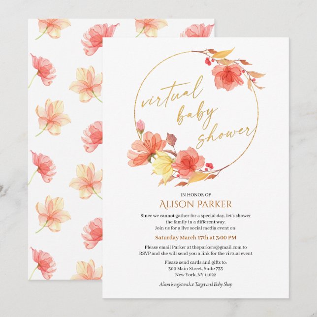Invitation Elégant or floral Script aquarelle virtuelle (Devant / Derrière)