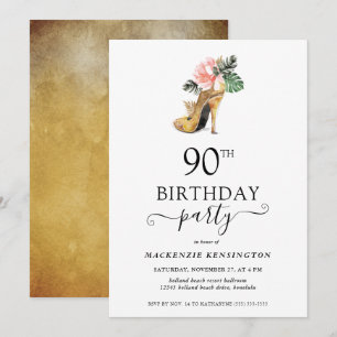 Invitation Élégant or floral talons hauts 90e anniversaire
