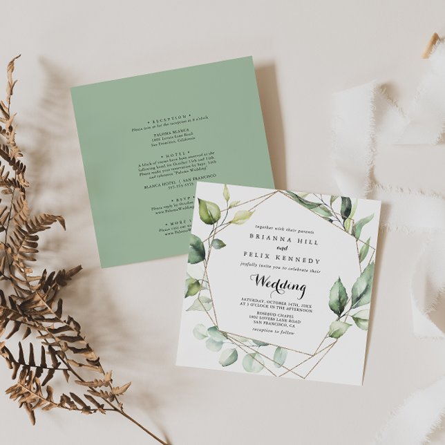 Invitation Elégant or géométrique Vert Mariage avant et arriè (Créateur téléchargé)