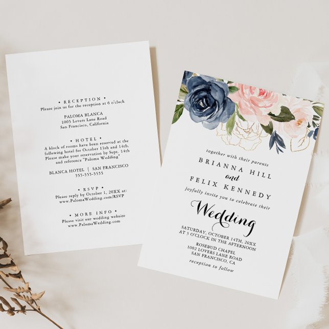 Invitation Elégant or hiver Floral avant et arrière Mariage (Créateur téléchargé)