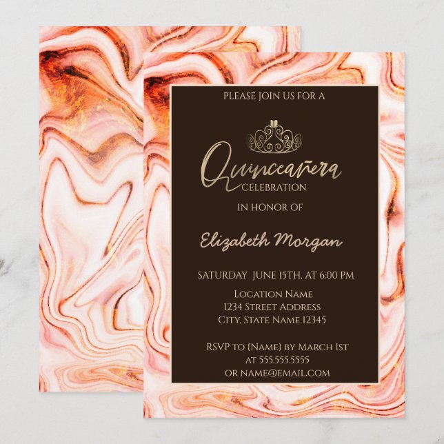 Invitation Elégant or moderne Tiara Marbre Quinceañera (Devant / Derrière)
