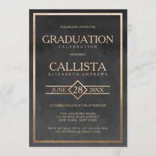 Invitation Elégant or Noir Aquarelle Cadre Graduation