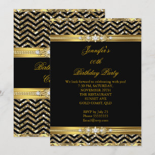 Invitation Elégant Or Noir Chevron Diamant Anniversaire 2